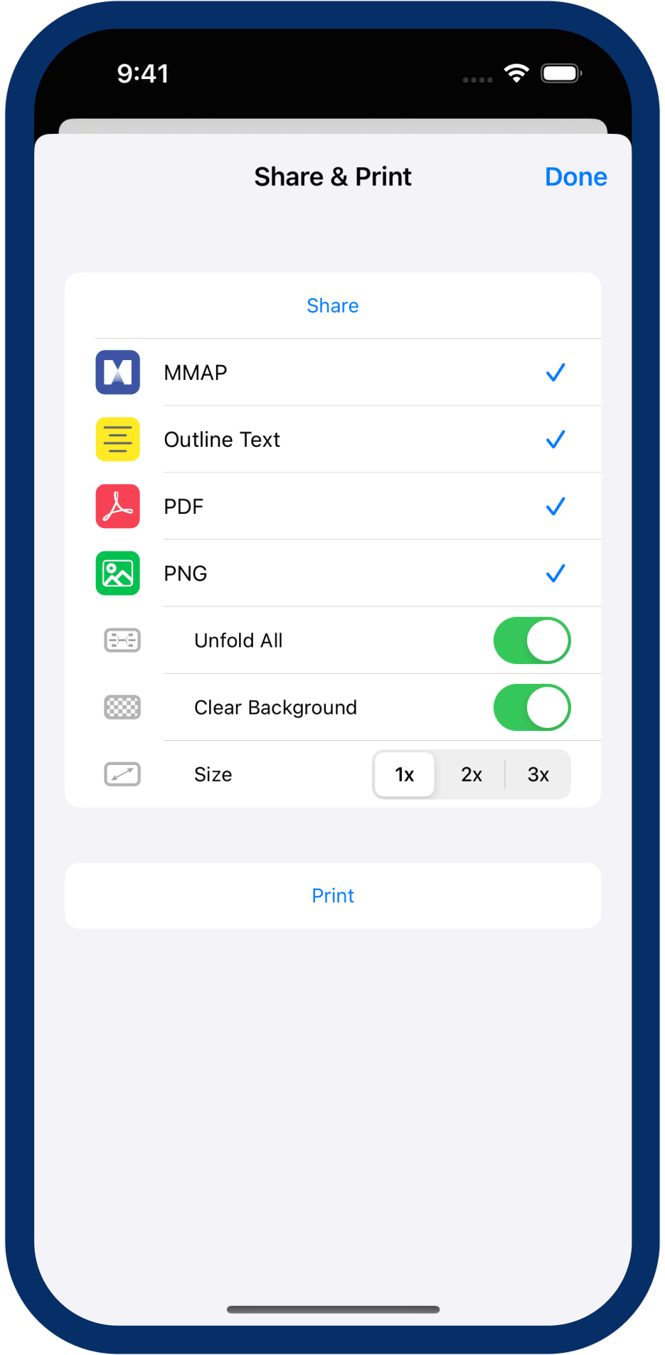Export mind map to PNG, PDF & MMAP on iPhone